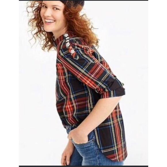 J.Crew Funnelneck shirt in Stewart tartan with jeweled buttons on shoulder stewa - Picture 12 of 12